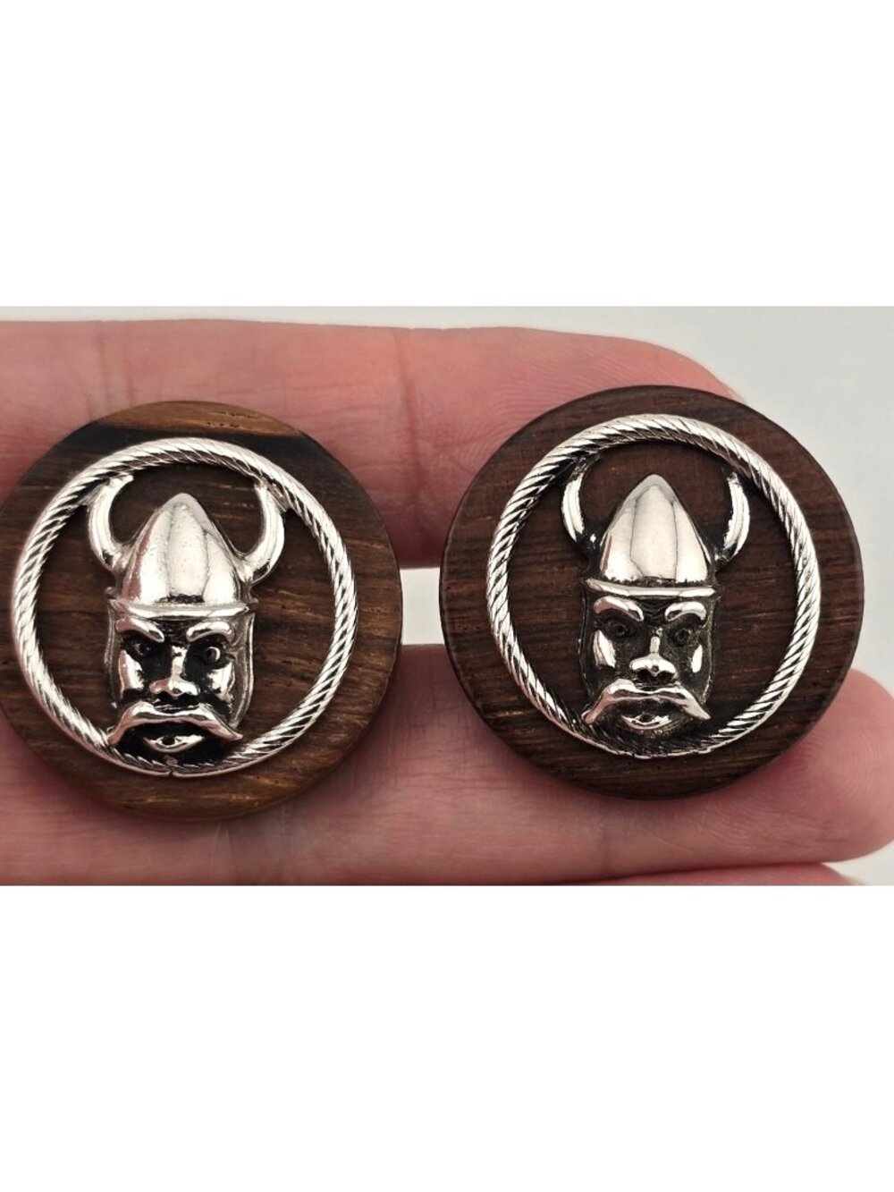 Vintage Swank Viking Wood & Silver-Tone Cufflinks Round With Horned Helmet